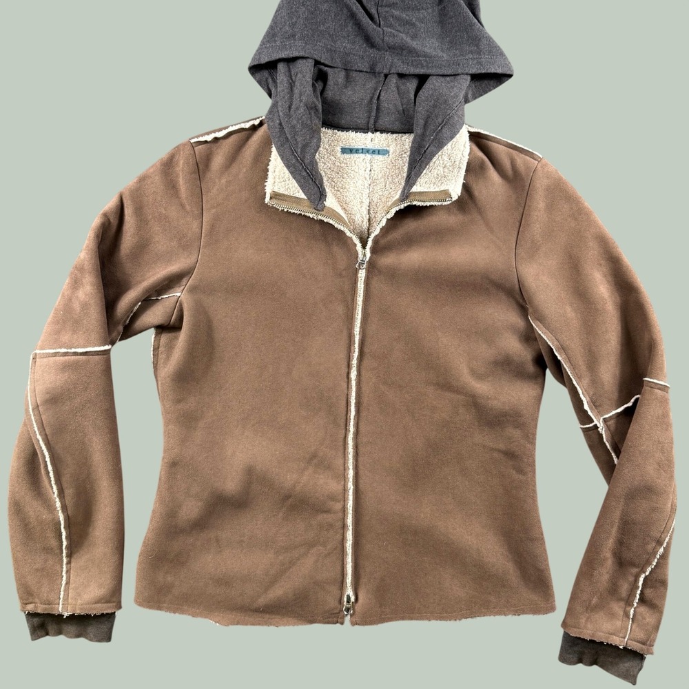 Velvet Faux Shearling Jacket Womens L Brown Hooded Suede Zip‎ Up Coat Boho Warm